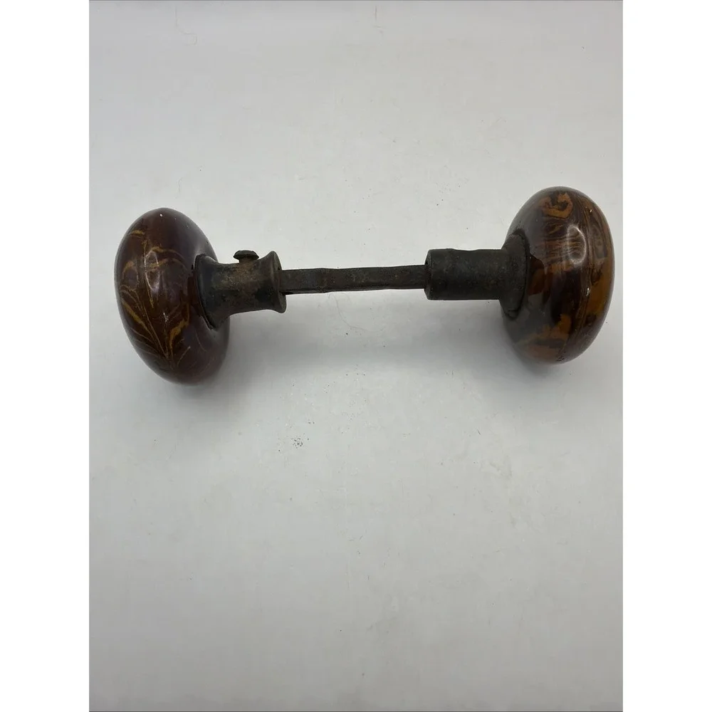 1900's Doorknob Set Porcelain/Glass Brown Swirl Vintage